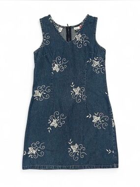 Denim Floral Embroidered Vintage Dress - Blue